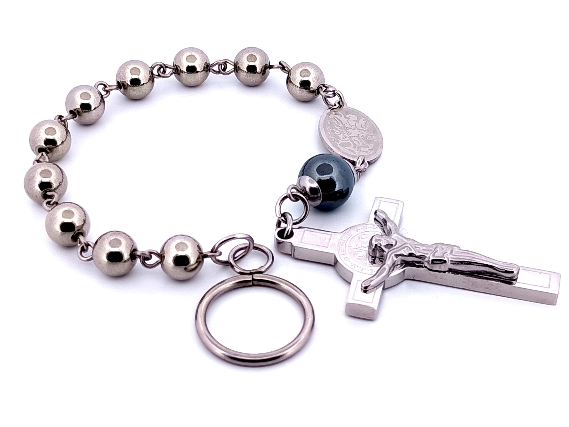 Saint Michael unique rosary beads stainless steel single decade rosary beads with stainless steel Saint Benedict crucifix.