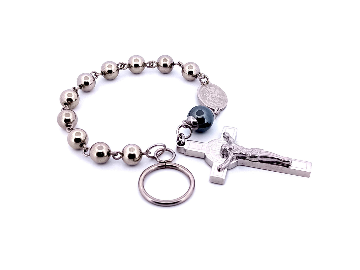 Saint Michael unique rosary beads stainless steel single decade rosary beads with stainless steel Saint Benedict crucifix.