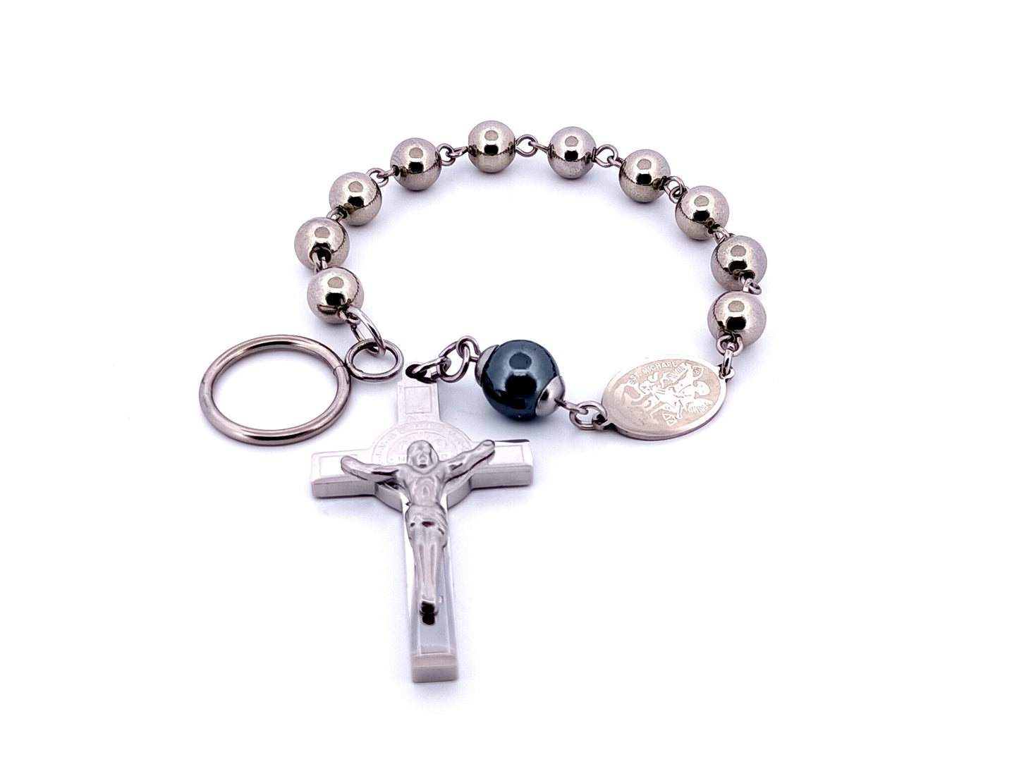 Saint Michael unique rosary beads stainless steel single decade rosary beads with stainless steel Saint Benedict crucifix.