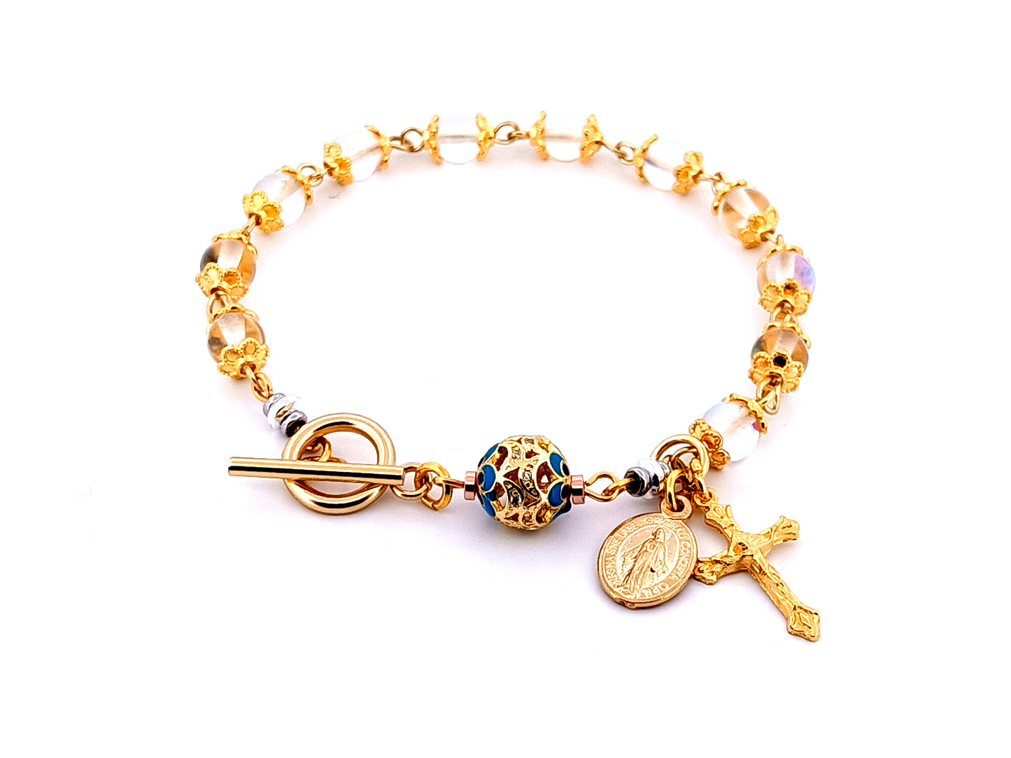 Miraculous medal unique rosary beads angel aura crystal gemstone and 18K gold single decade rosary bracelet with gold plated crucifix.