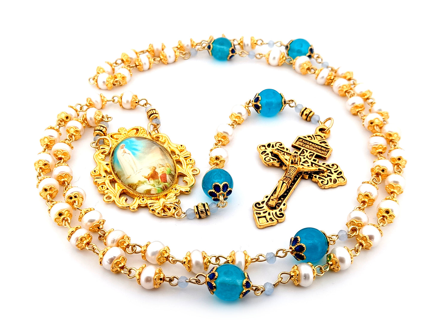 Our Lady of Fatima unique rosary beads freshwater pearl and blue glass rosary with gold plated Pardon crucifix.