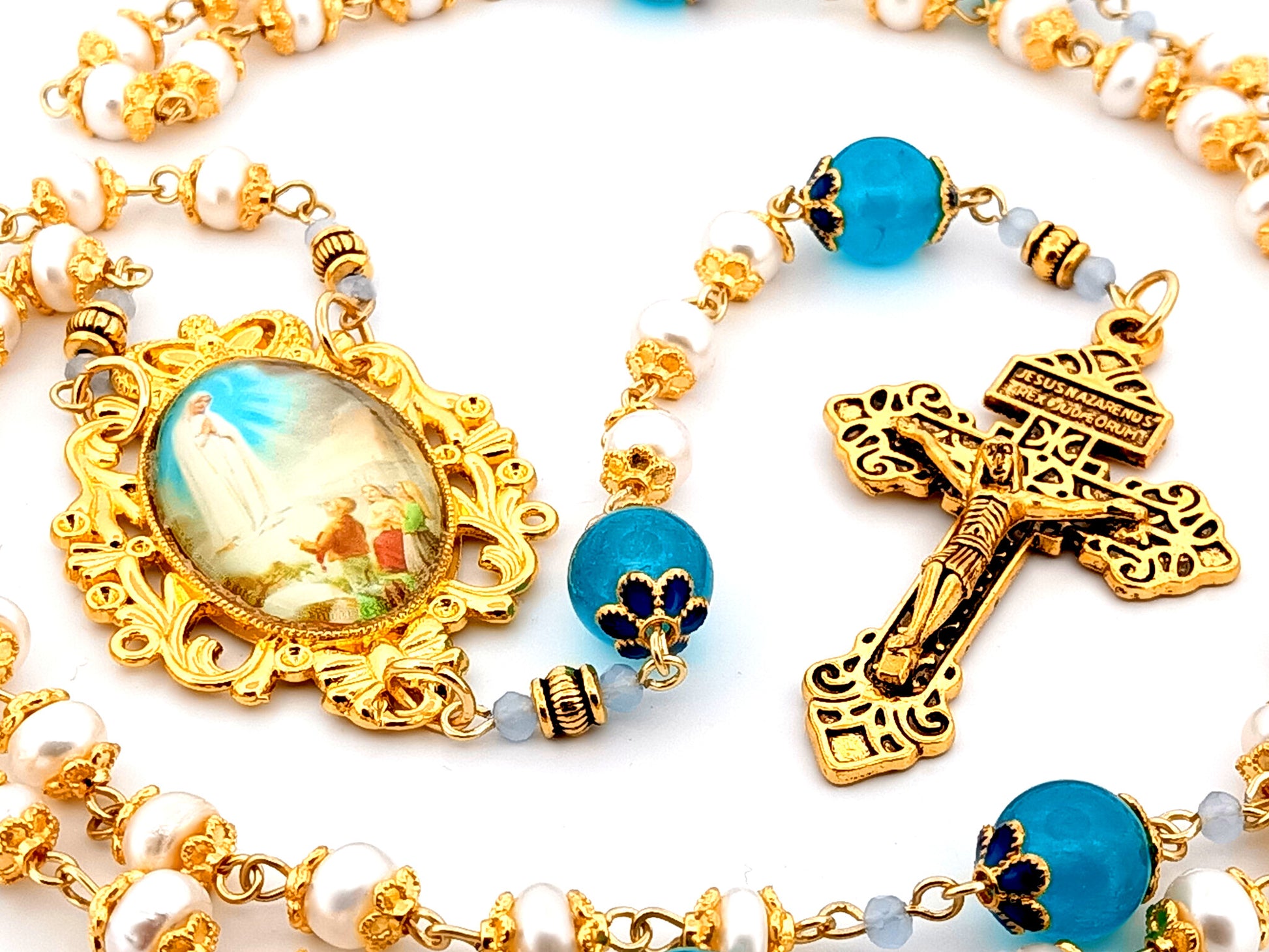 Our Lady of Fatima unique rosary beads freshwater pearl and blue glass rosary with gold plated Pardon crucifix.