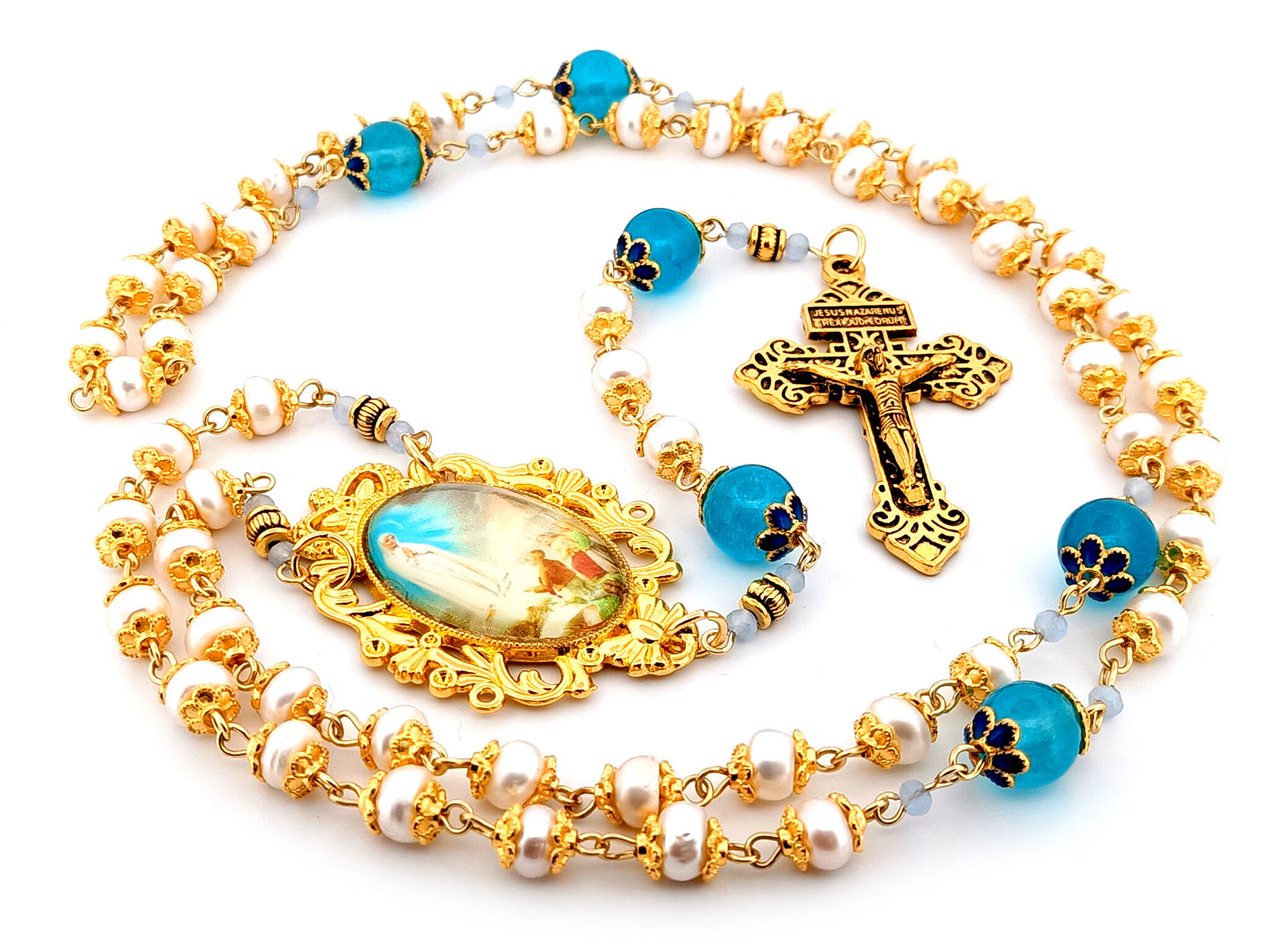 Our Lady of Fatima unique rosary beads freshwater pearl and blue glass rosary with gold plated Pardon crucifix.