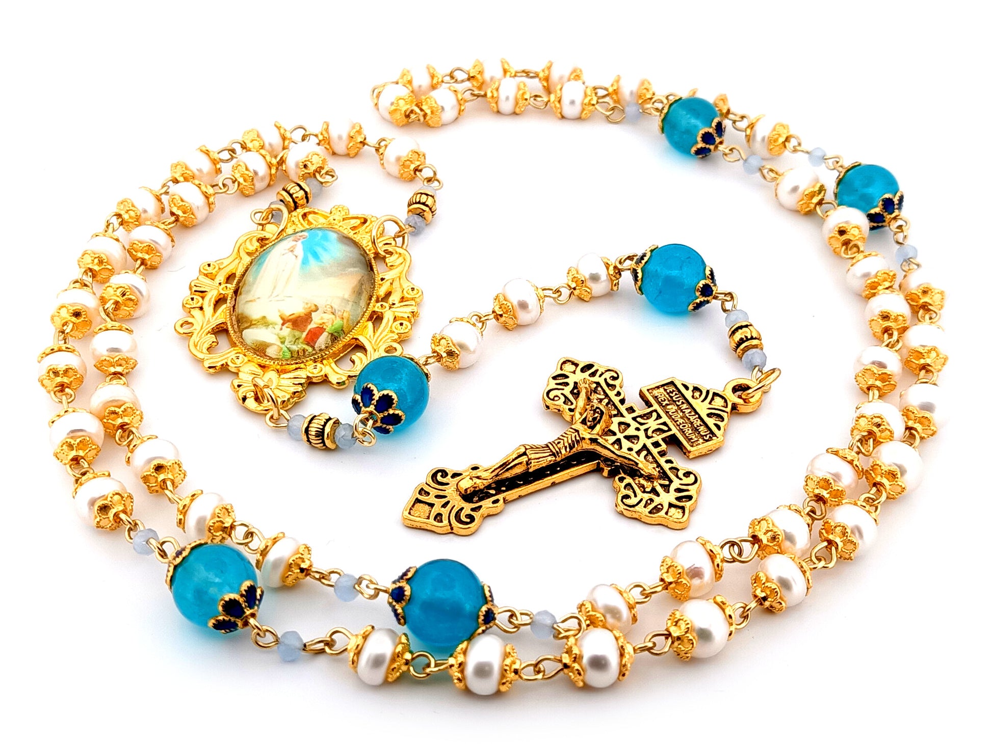 Our Lady of Fatima unique rosary beads freshwater pearl and blue glass rosary with gold plated Pardon crucifix.