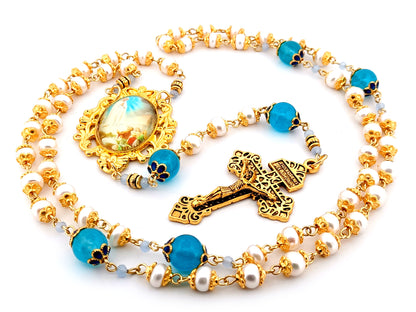 Our Lady of Fatima unique rosary beads freshwater pearl and blue glass rosary with gold plated Pardon crucifix.