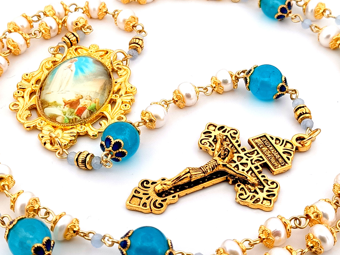 Our Lady of Fatima unique rosary beads freshwater pearl and blue glass rosary with gold plated Pardon crucifix.