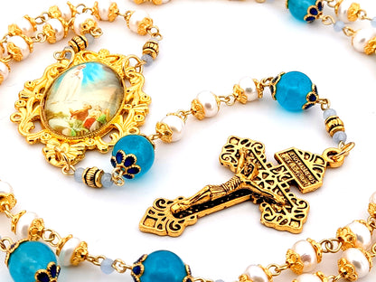 Our Lady of Fatima unique rosary beads freshwater pearl and blue glass rosary with gold plated Pardon crucifix.