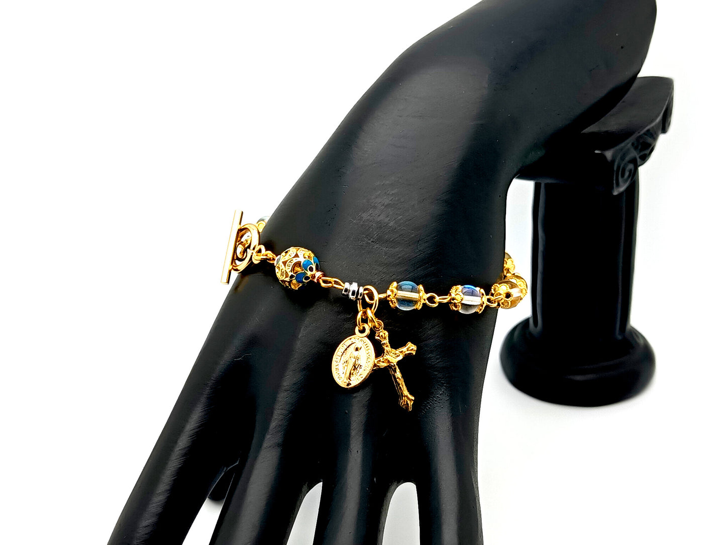 Miraculous medal unique rosary beads angel aura crystal gemstone and 18K gold single decade rosary bracelet with gold plated crucifix.