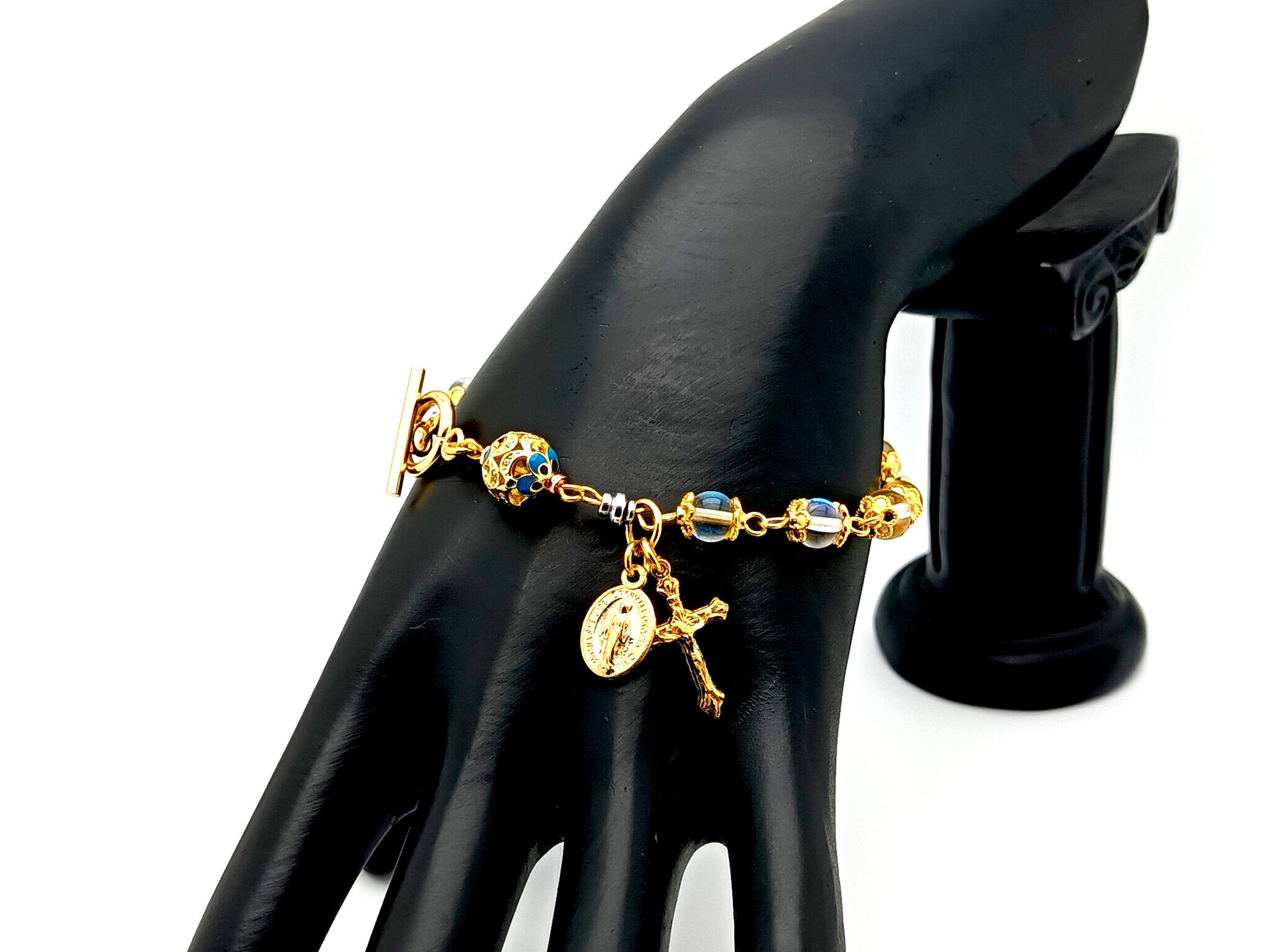 Miraculous medal unique rosary beads angel aura crystal gemstone and 18K gold single decade rosary bracelet with gold plated crucifix.