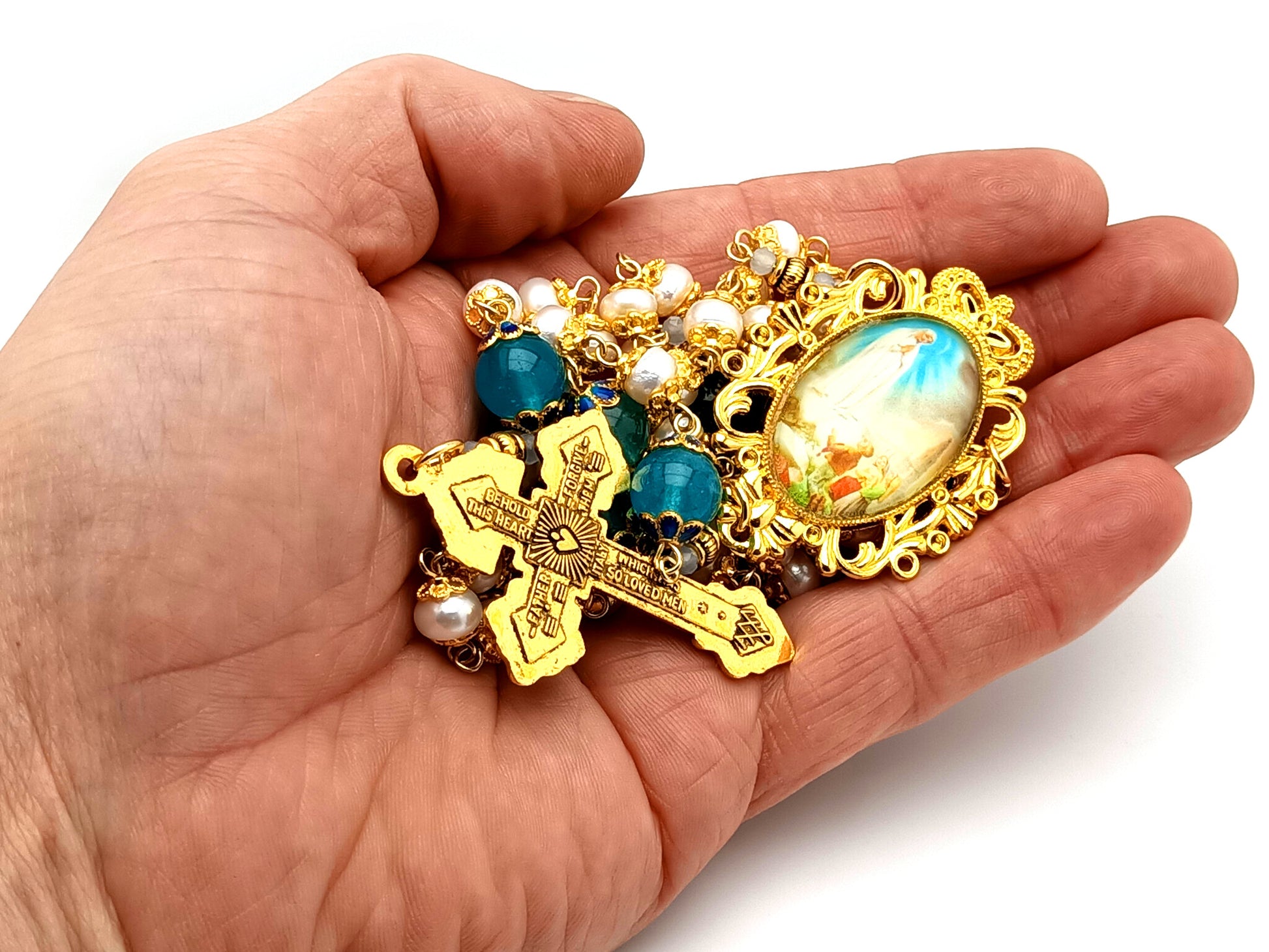 Our Lady of Fatima unique rosary beads freshwater pearl and blue glass rosary with gold plated Pardon crucifix.