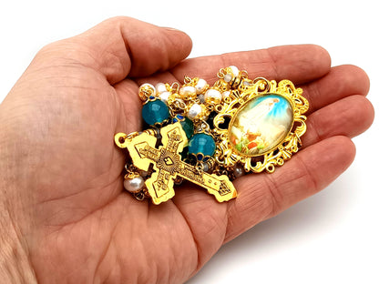 Our Lady of Fatima unique rosary beads freshwater pearl and blue glass rosary with gold plated Pardon crucifix.