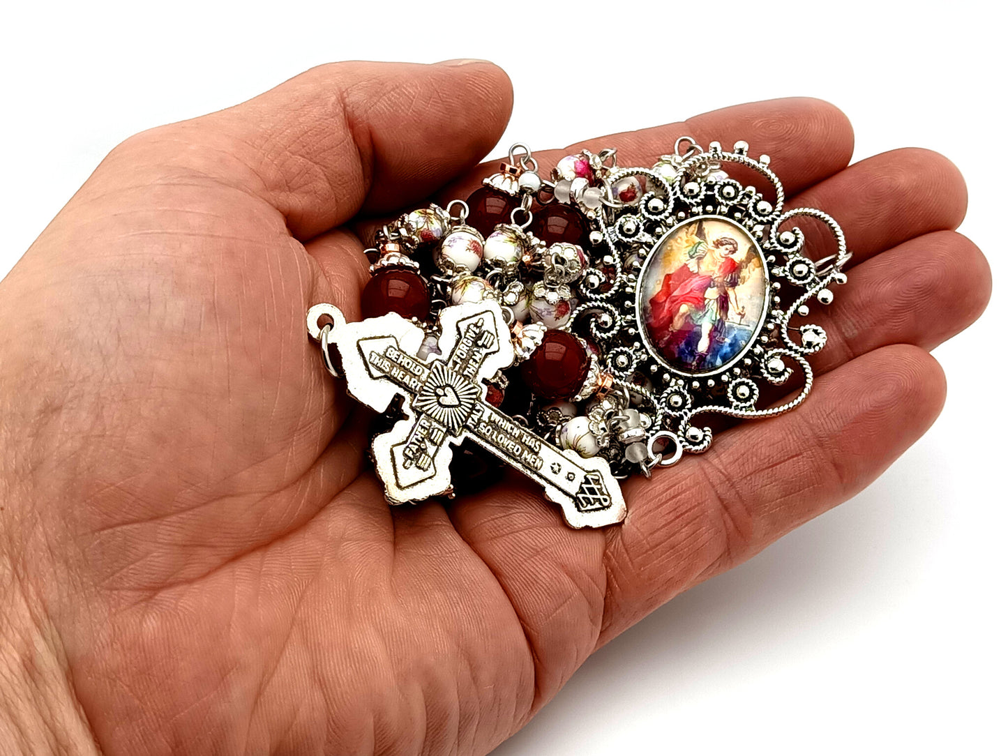 Saint Michael the Archangel unique rosary beads floral porcelain and red glass rosary with Pardon crucifix.