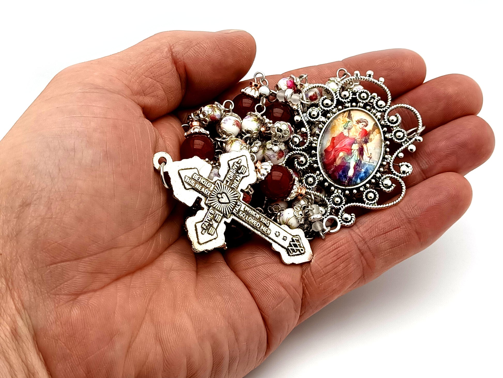 Saint Michael the Archangel unique rosary beads floral porcelain and red glass rosary with Pardon crucifix.