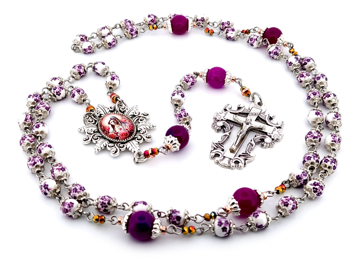 Immaculate Heart of Mary unique rosary beads floral porcelain and purple glass rosary with filigree crucifix.
