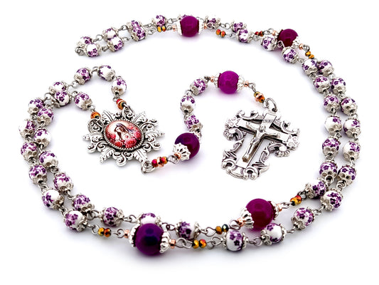 Immaculate Heart of Mary unique rosary beads floral porcelain and purple glass rosary with filigree crucifix.