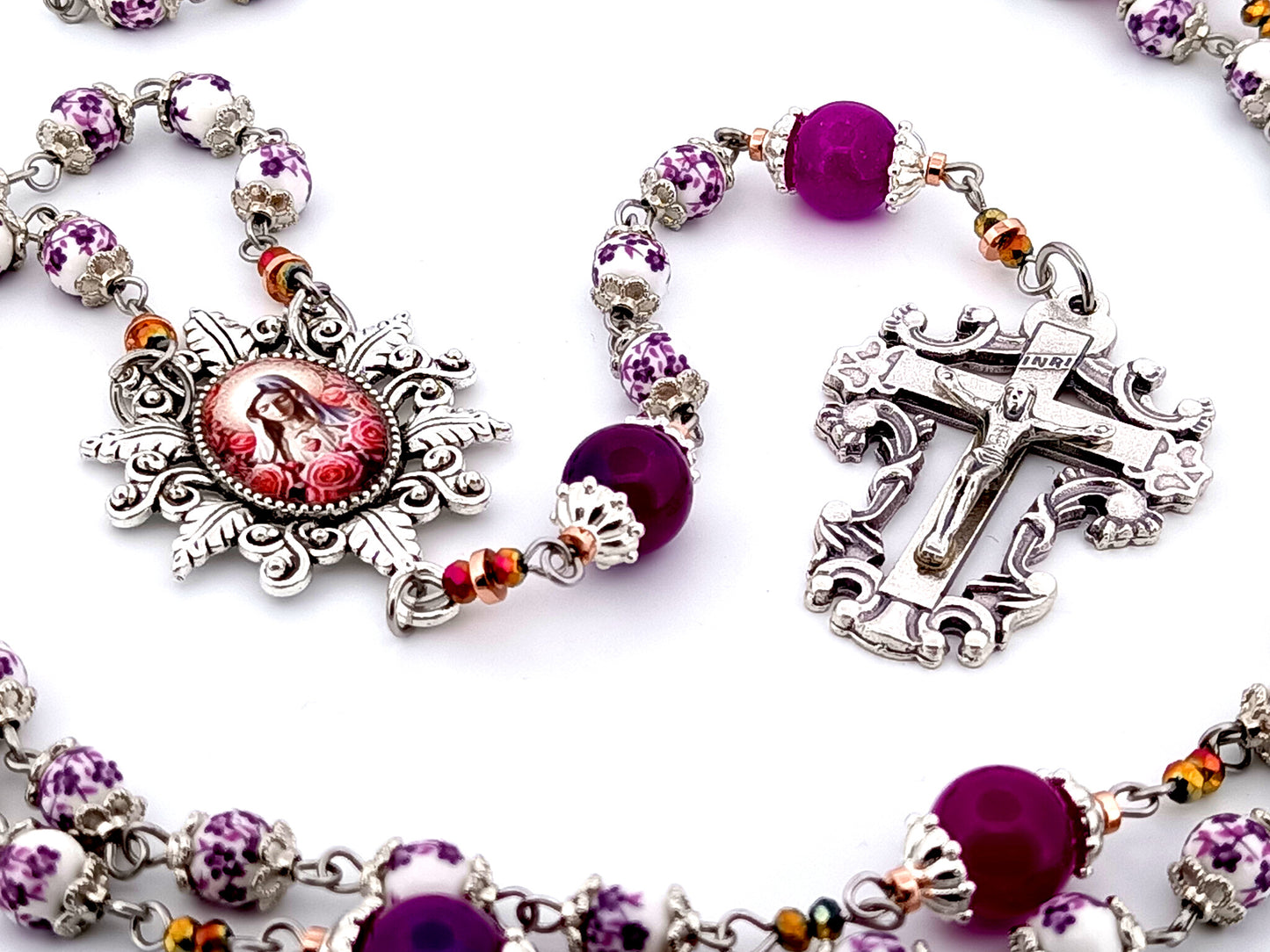 Immaculate Heart of Mary unique rosary beads floral porcelain and purple glass rosary with filigree crucifix.