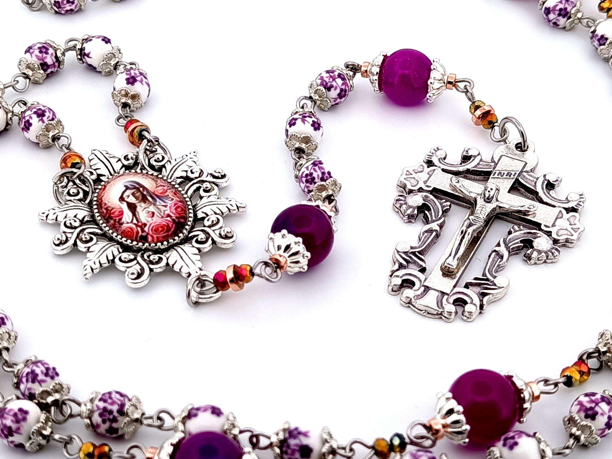 Immaculate Heart of Mary unique rosary beads floral porcelain and purple glass rosary with filigree crucifix.
