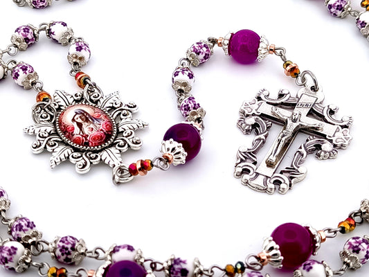 Immaculate Heart of Mary unique rosary beads floral porcelain and purple glass rosary with filigree crucifix.