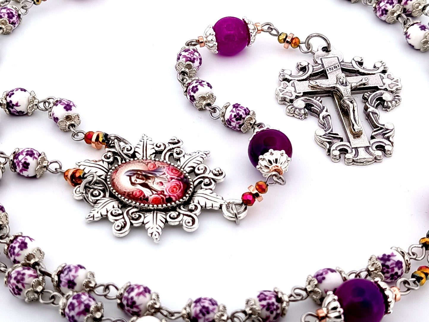 Immaculate Heart of Mary unique rosary beads floral porcelain and purple glass rosary with filigree crucifix.