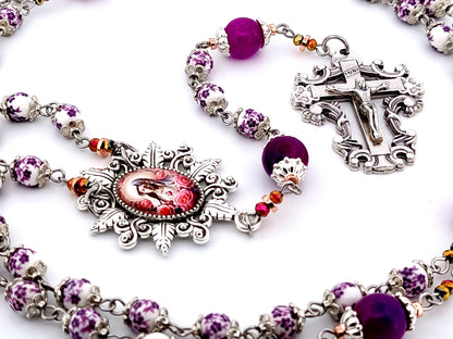 Immaculate Heart of Mary unique rosary beads floral porcelain and purple glass rosary with filigree crucifix.