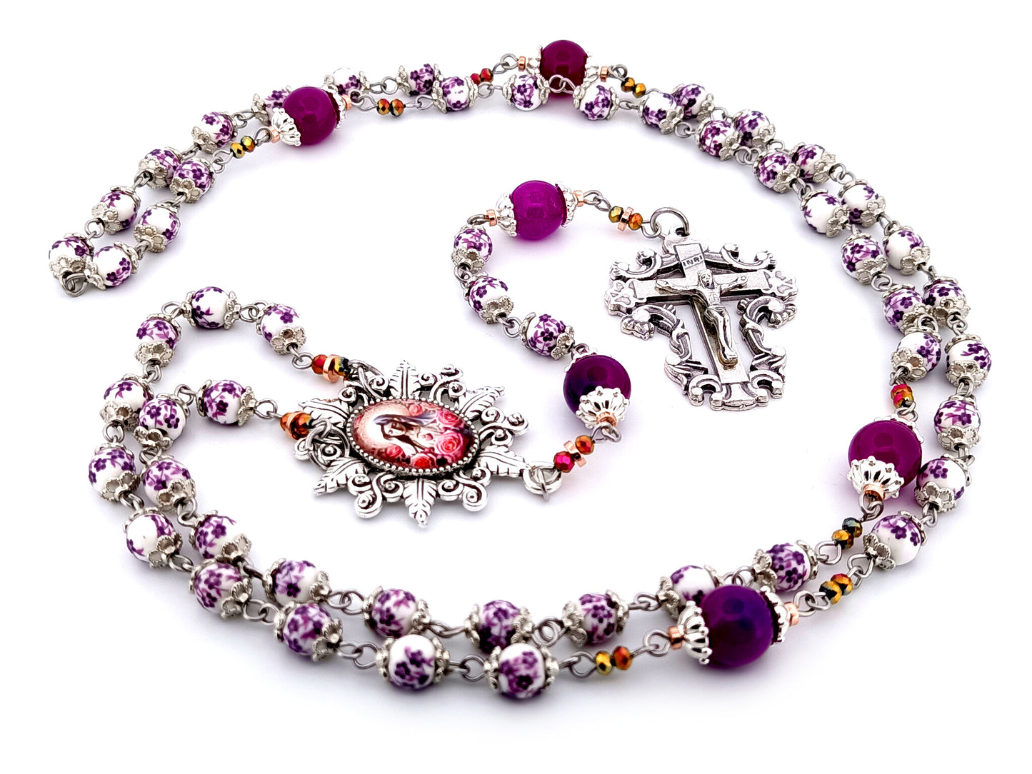 Immaculate Heart of Mary unique rosary beads floral porcelain and purple glass rosary with filigree crucifix.