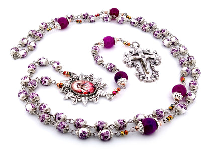 Immaculate Heart of Mary unique rosary beads floral porcelain and purple glass rosary with filigree crucifix.