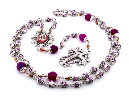 Immaculate Heart of Mary unique rosary beads floral porcelain and purple glass rosary with filigree crucifix.