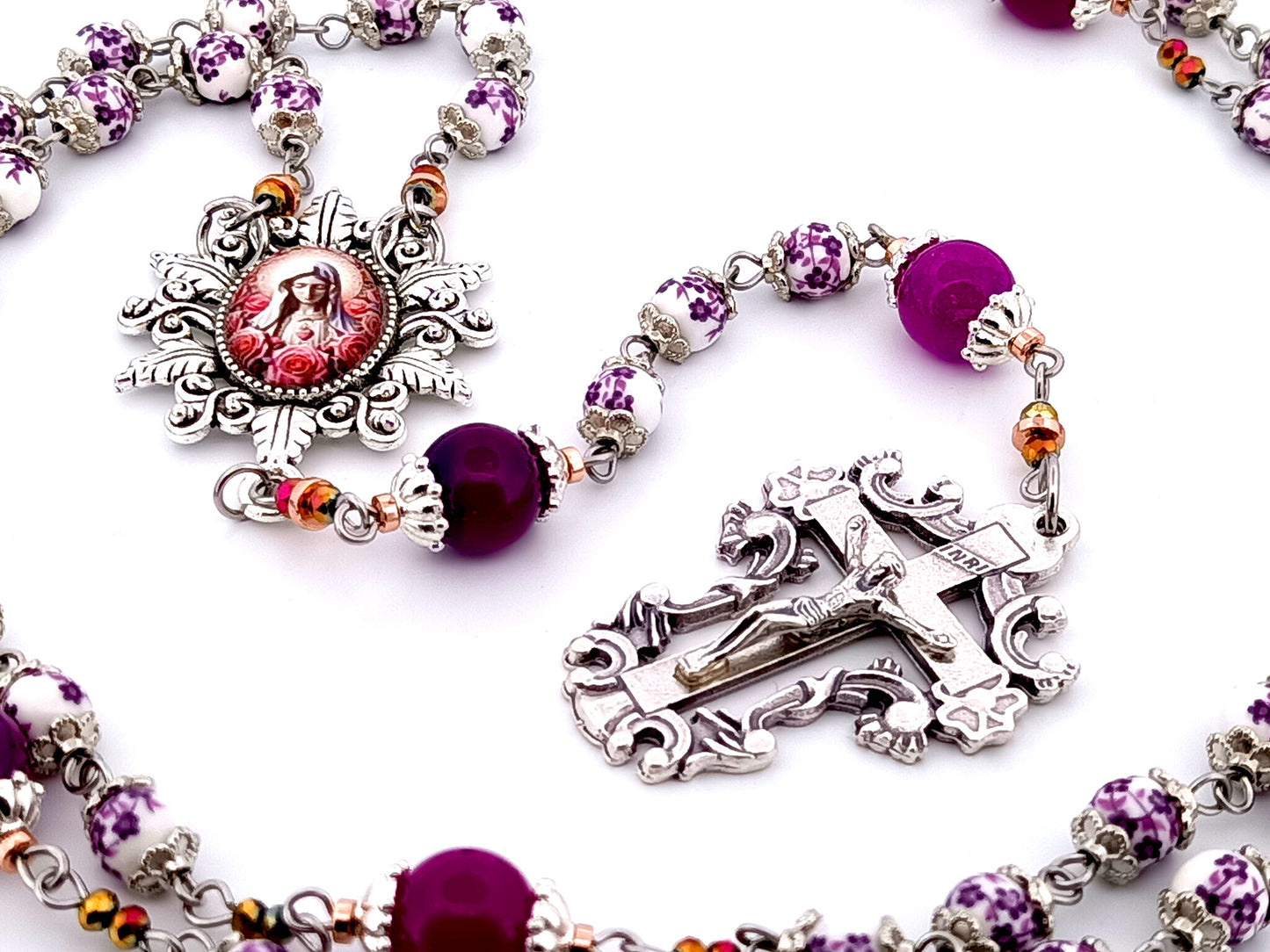 Immaculate Heart of Mary unique rosary beads floral porcelain and purple glass rosary with filigree crucifix.