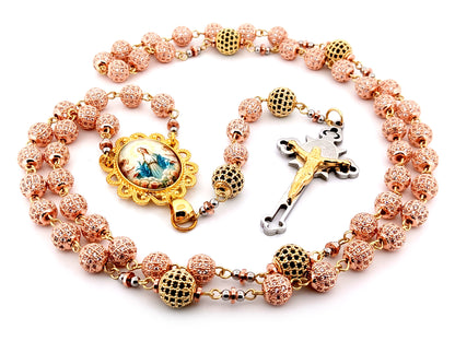 Our Lady Queen of Heaven unique rosary beads rose gold and 18K gold plated cubic zirconia rosary with gold plated Saint Benedict crucifix.