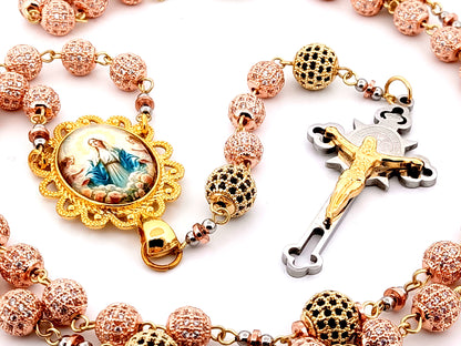 Our Lady Queen of Heaven unique rosary beads rose gold and 18K gold plated cubic zirconia rosary with gold plated Saint Benedict crucifix.