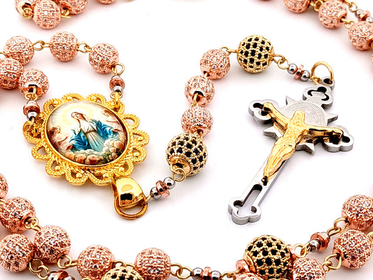 Our Lady Queen of Heaven unique rosary beads rose gold and 18K gold plated cubic zirconia rosary with gold plated Saint Benedict crucifix.