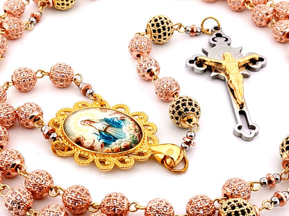 Our Lady Queen of Heaven unique rosary beads rose gold and 18K gold plated cubic zirconia rosary with gold plated Saint Benedict crucifix.