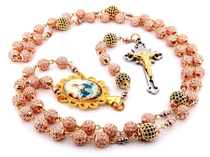 Our Lady Queen of Heaven unique rosary beads rose gold and 18K gold plated cubic zirconia rosary with gold plated Saint Benedict crucifix.