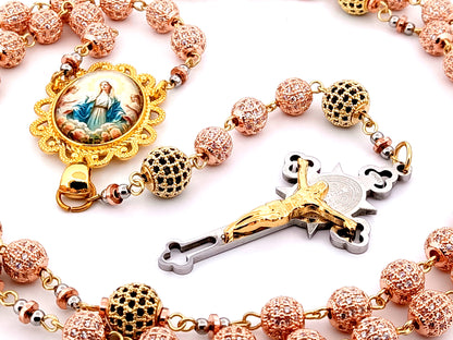 Our Lady Queen of Heaven unique rosary beads rose gold and 18K gold plated cubic zirconia rosary with gold plated Saint Benedict crucifix.