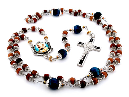 Saint Padre Pio unique rosary beads dark olive wood and tigers eye gemstone rosary with black enamel Saint Benedict crucifix.