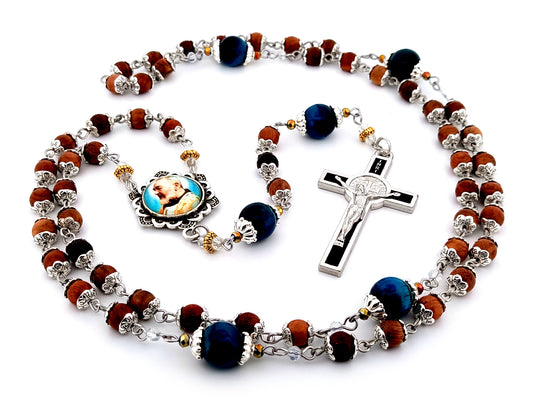 Saint Padre Pio unique rosary beads dark olive wood and tigers eye gemstone rosary with black enamel Saint Benedict crucifix.