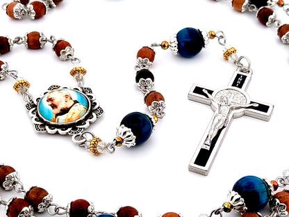 Saint Padre Pio unique rosary beads dark olive wood and tigers eye gemstone rosary with black enamel Saint Benedict crucifix.
