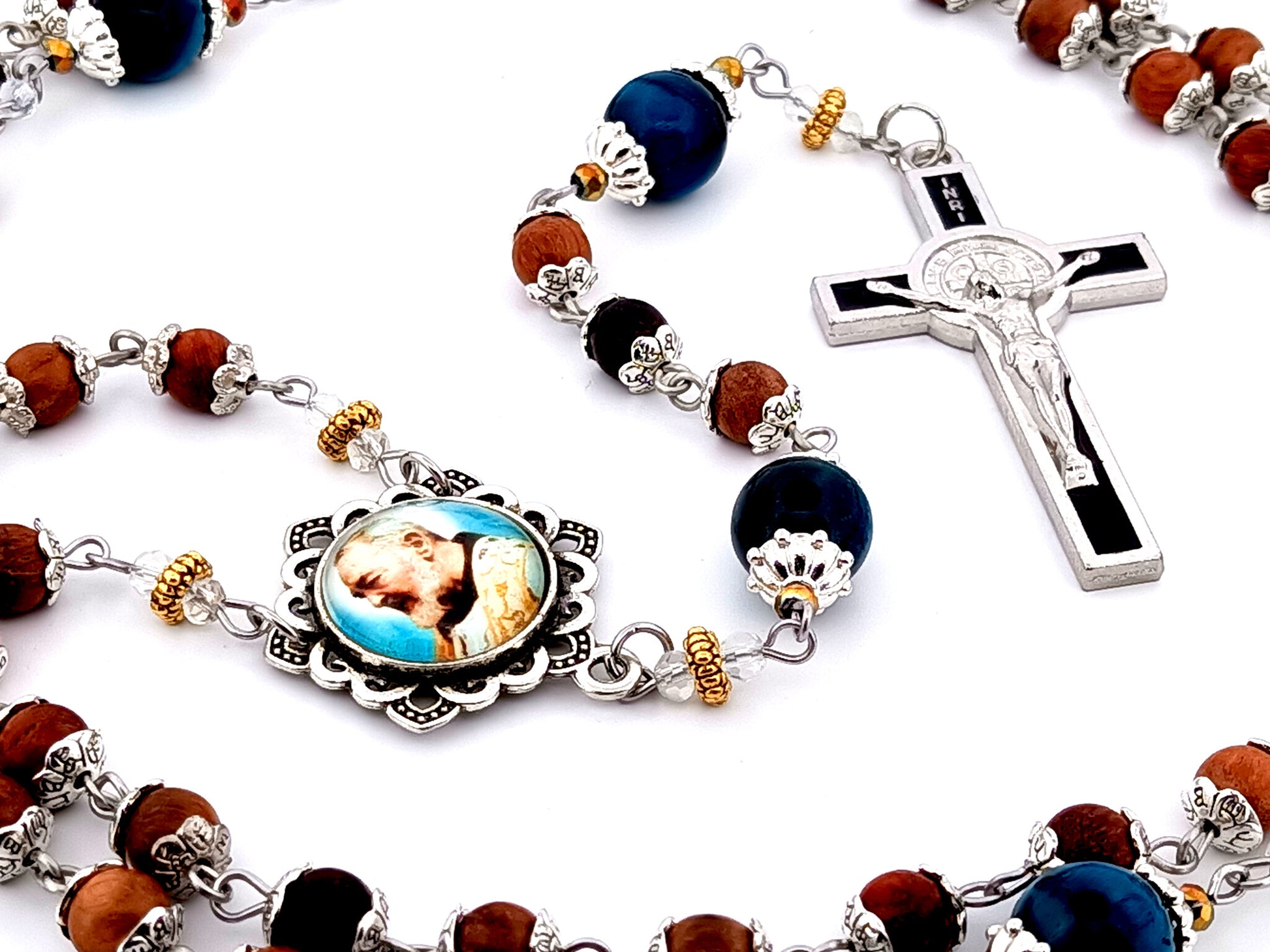 Saint Padre Pio unique rosary beads dark olive wood and tigers eye gemstone rosary with black enamel Saint Benedict crucifix.