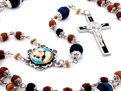 Saint Padre Pio unique rosary beads dark olive wood and tigers eye gemstone rosary with black enamel Saint Benedict crucifix.
