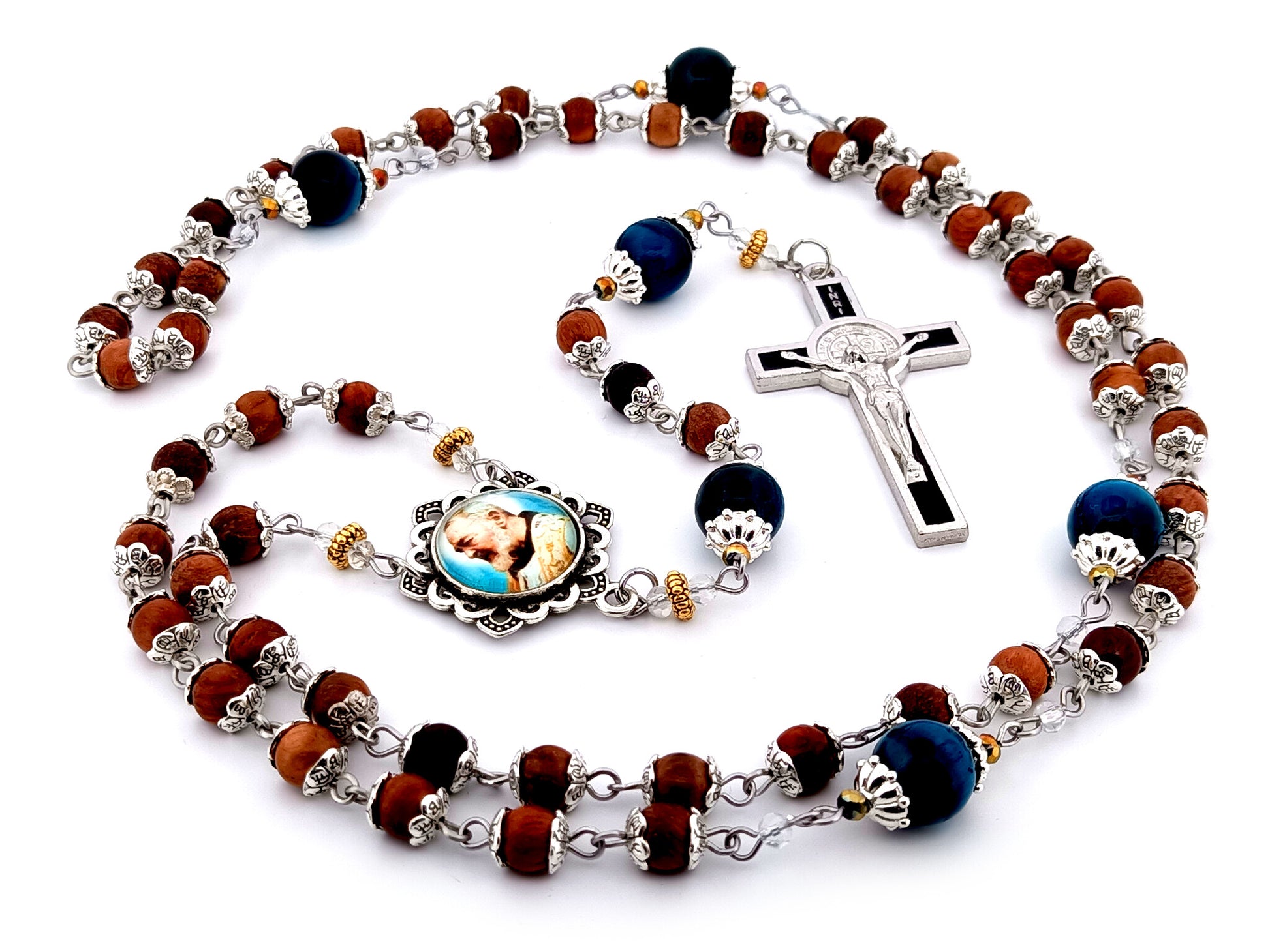 Saint Padre Pio unique rosary beads dark olive wood and tigers eye gemstone rosary with black enamel Saint Benedict crucifix.