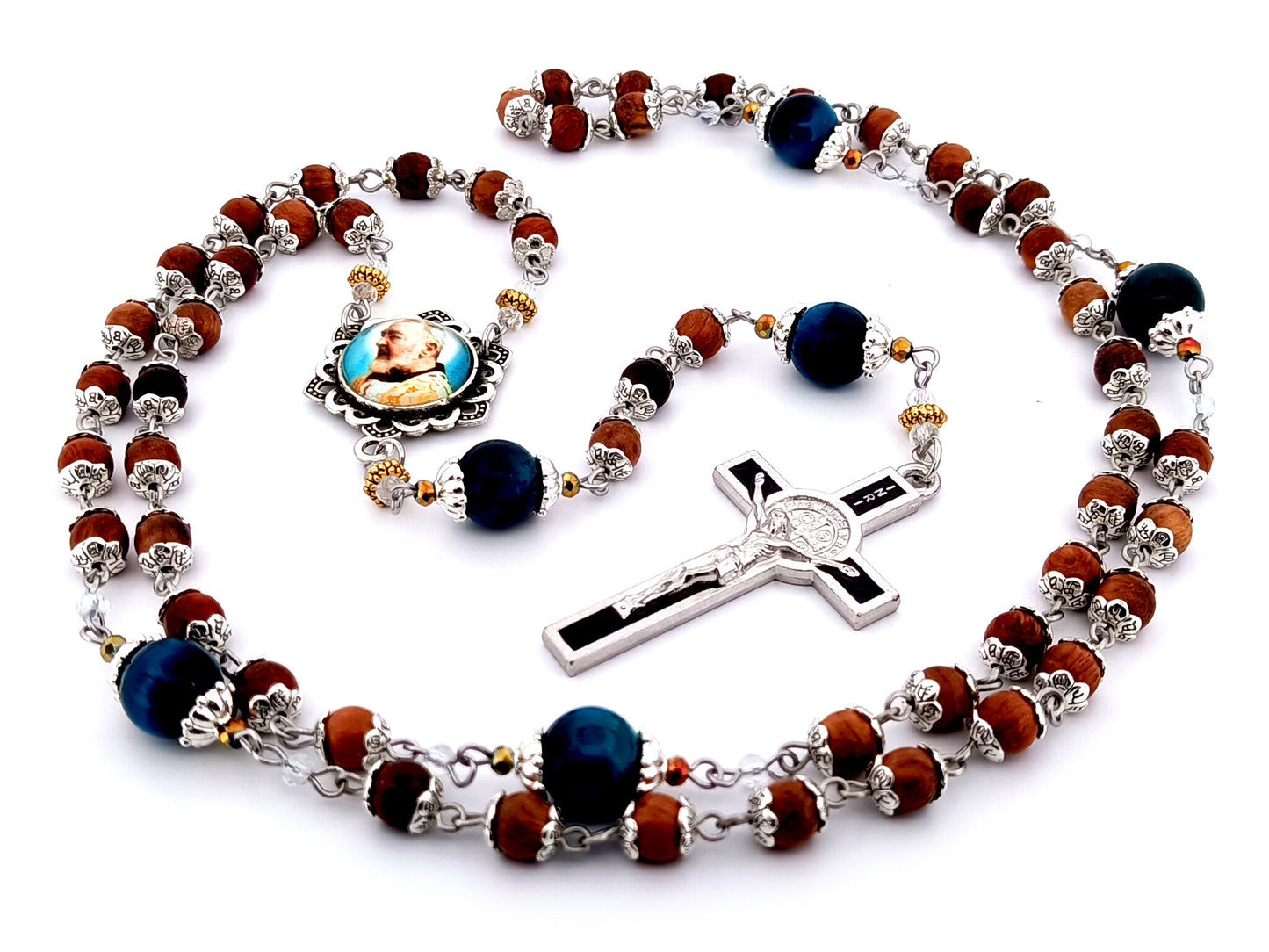 Saint Padre Pio unique rosary beads dark olive wood and tigers eye gemstone rosary with black enamel Saint Benedict crucifix.