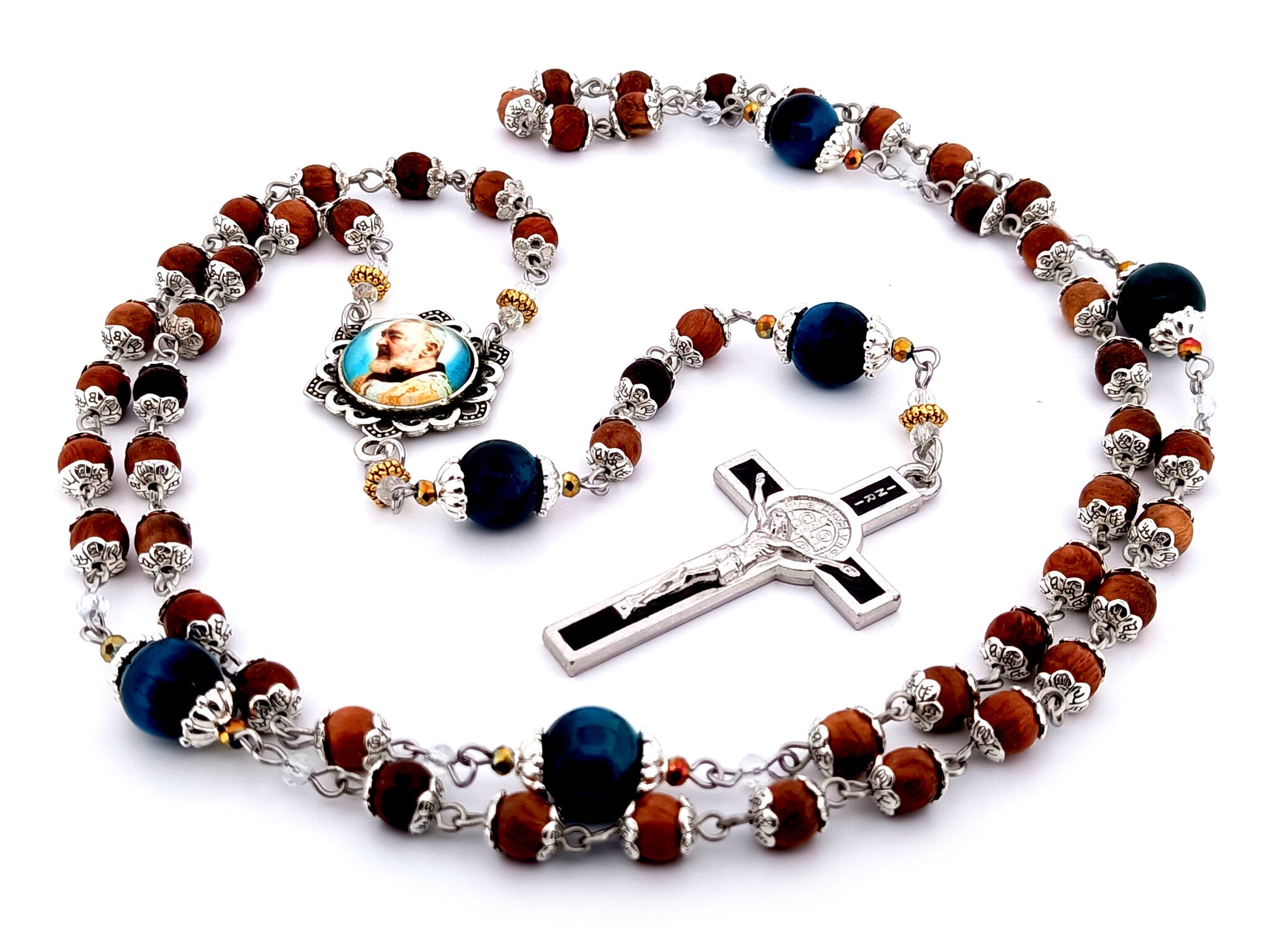 Saint Padre Pio unique rosary beads dark olive wood and tigers eye gemstone rosary with black enamel Saint Benedict crucifix.