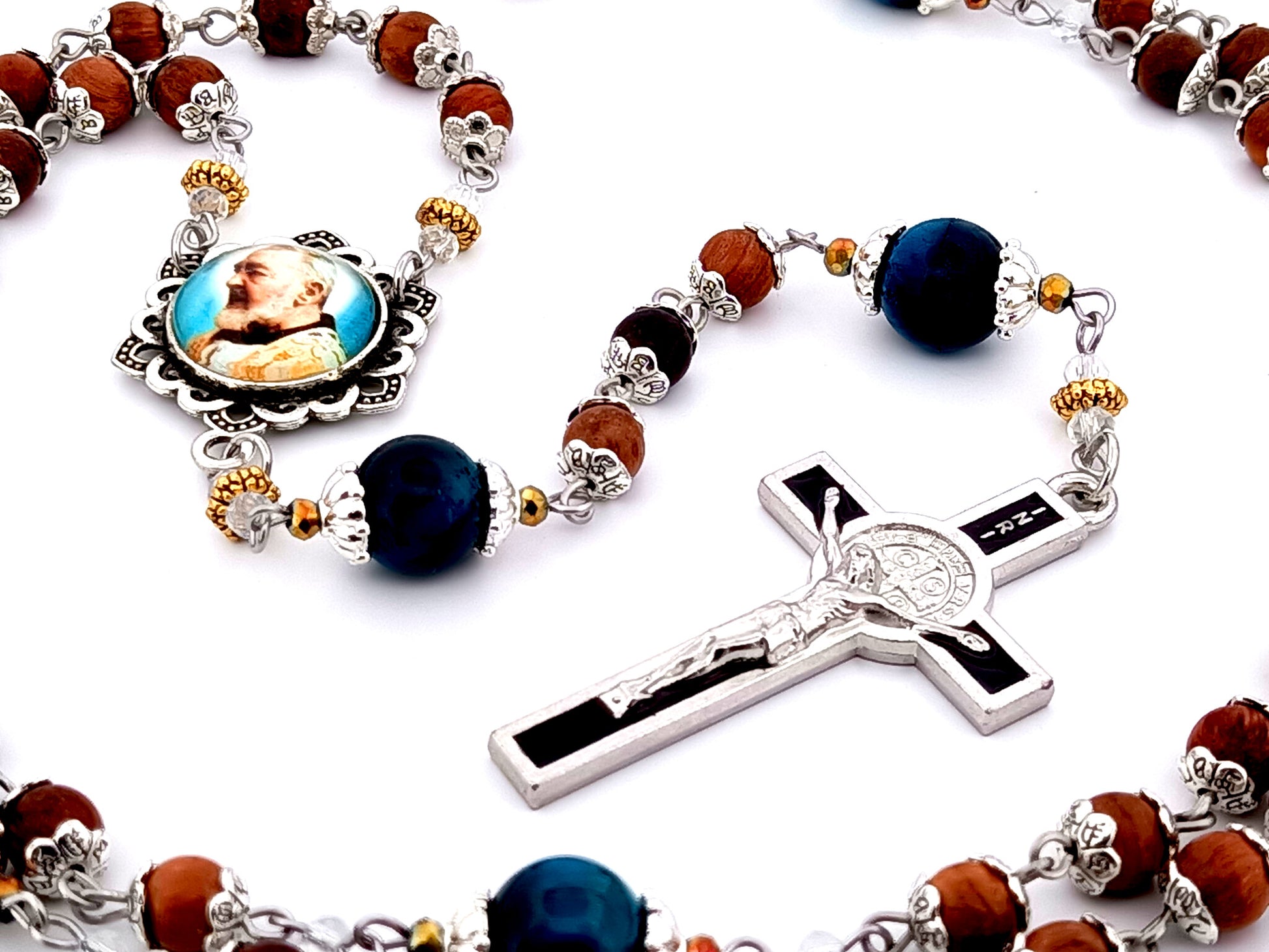 Saint Padre Pio unique rosary beads dark olive wood and tigers eye gemstone rosary with black enamel Saint Benedict crucifix.