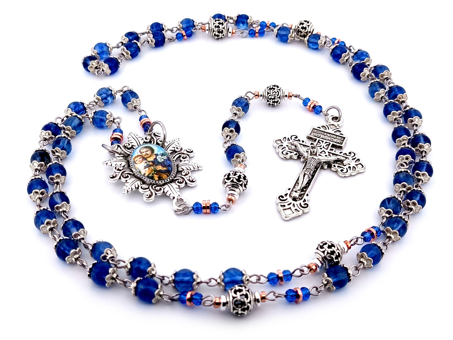 Saint Joseph unique rosary beads blue glass and silver lattice rosary with Pardon crucifix.