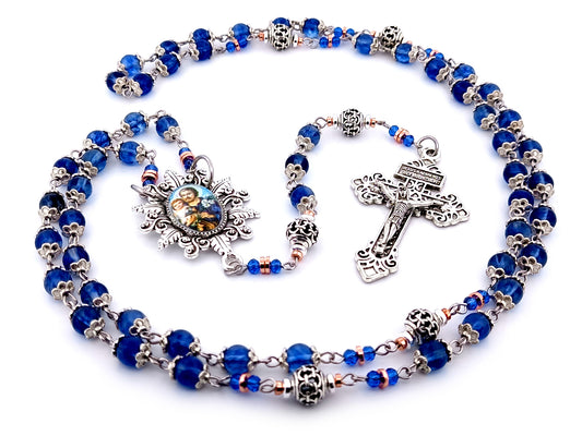 Saint Joseph unique rosary beads blue glass and silver lattice rosary with Pardon crucifix.