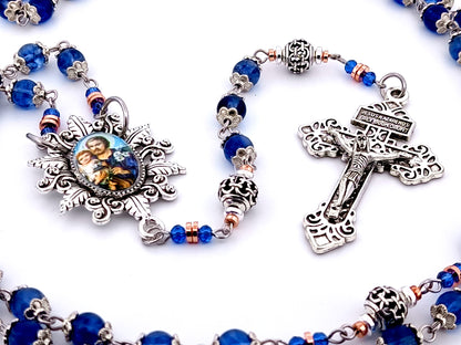 Saint Joseph unique rosary beads blue glass and silver lattice rosary with Pardon crucifix.