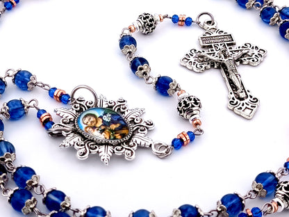 Saint Joseph unique rosary beads blue glass and silver lattice rosary with Pardon crucifix.