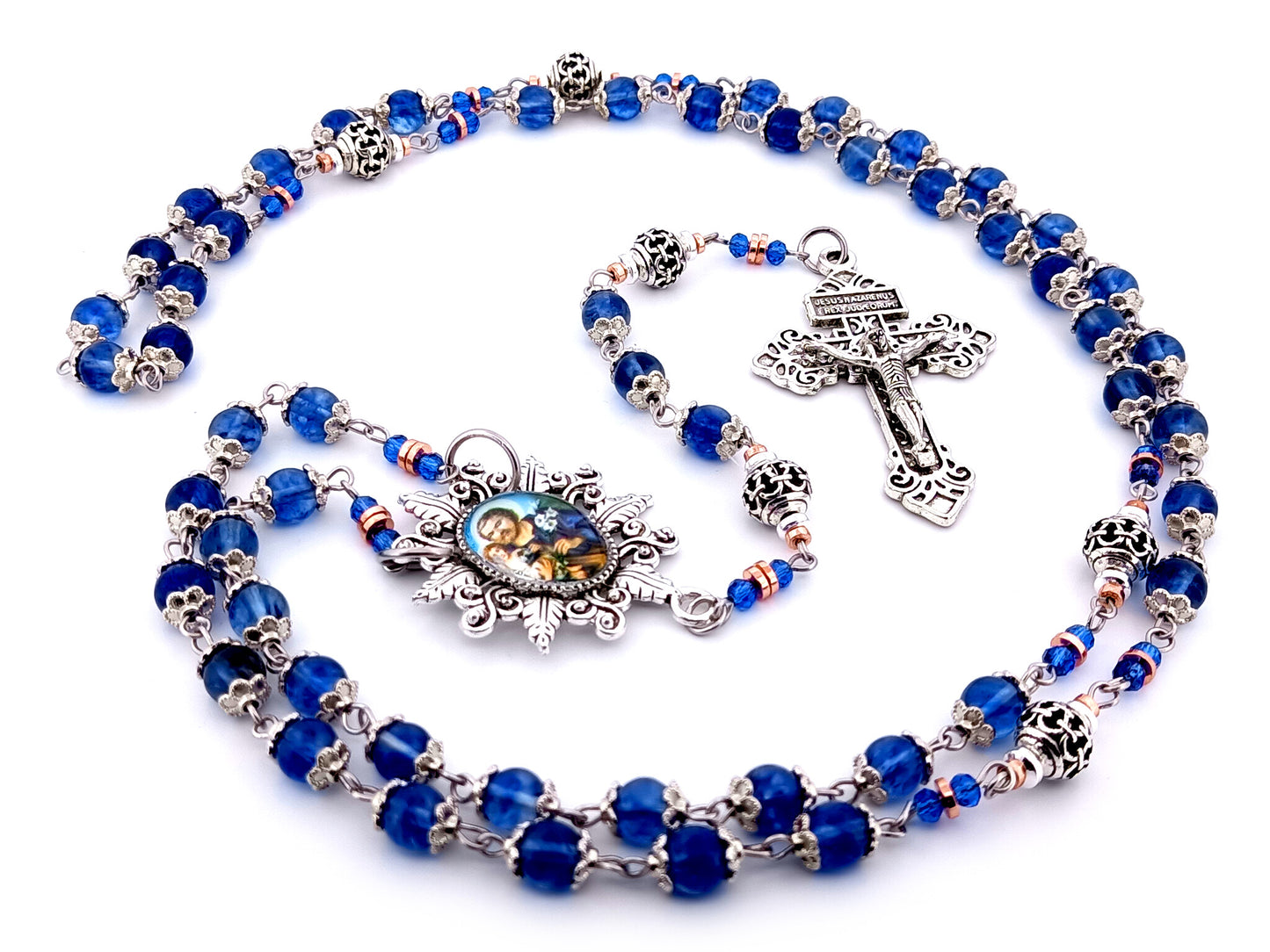 Saint Joseph unique rosary beads blue glass and silver lattice rosary with Pardon crucifix.