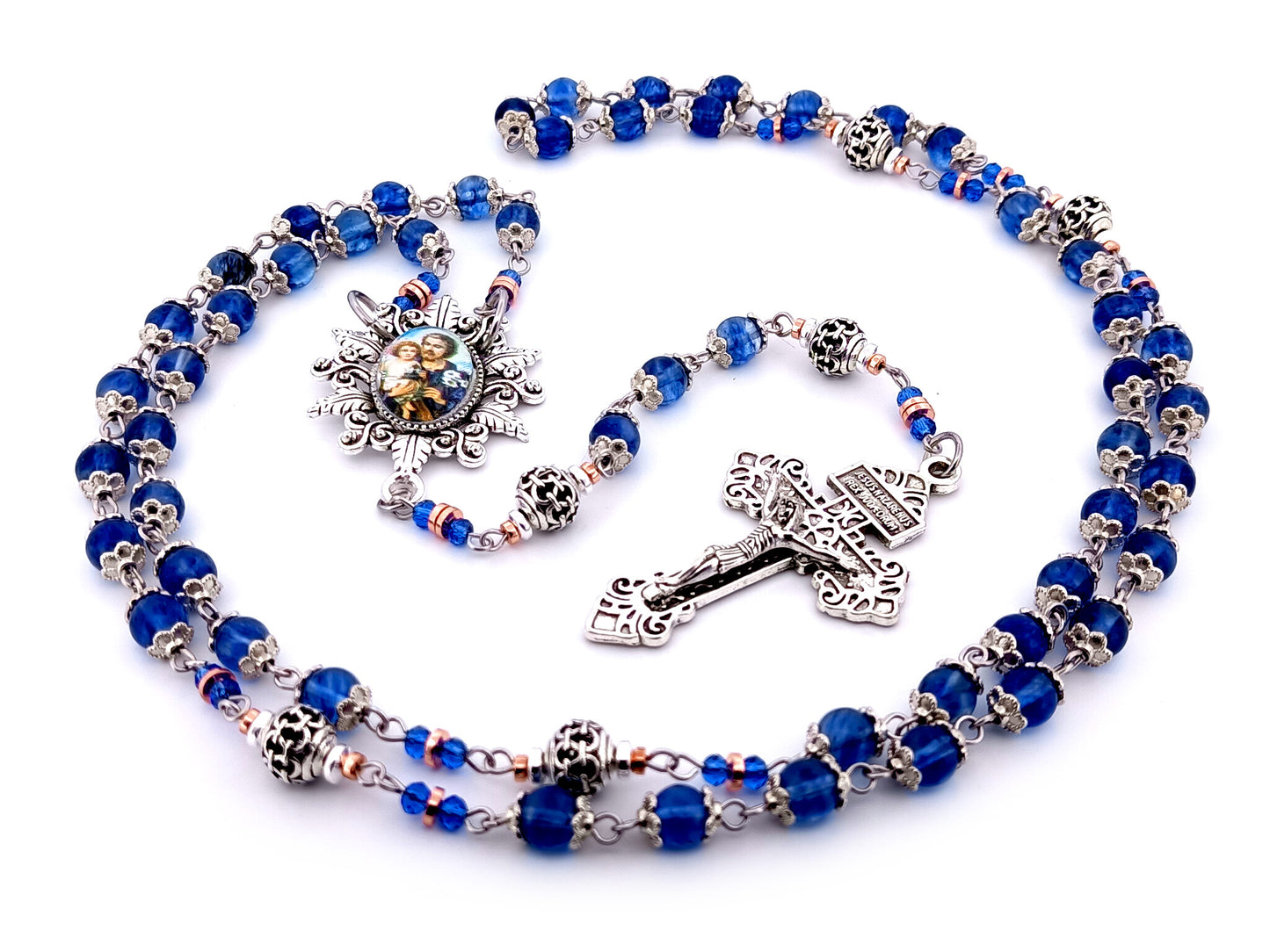 Saint Joseph unique rosary beads blue glass and silver lattice rosary with Pardon crucifix.