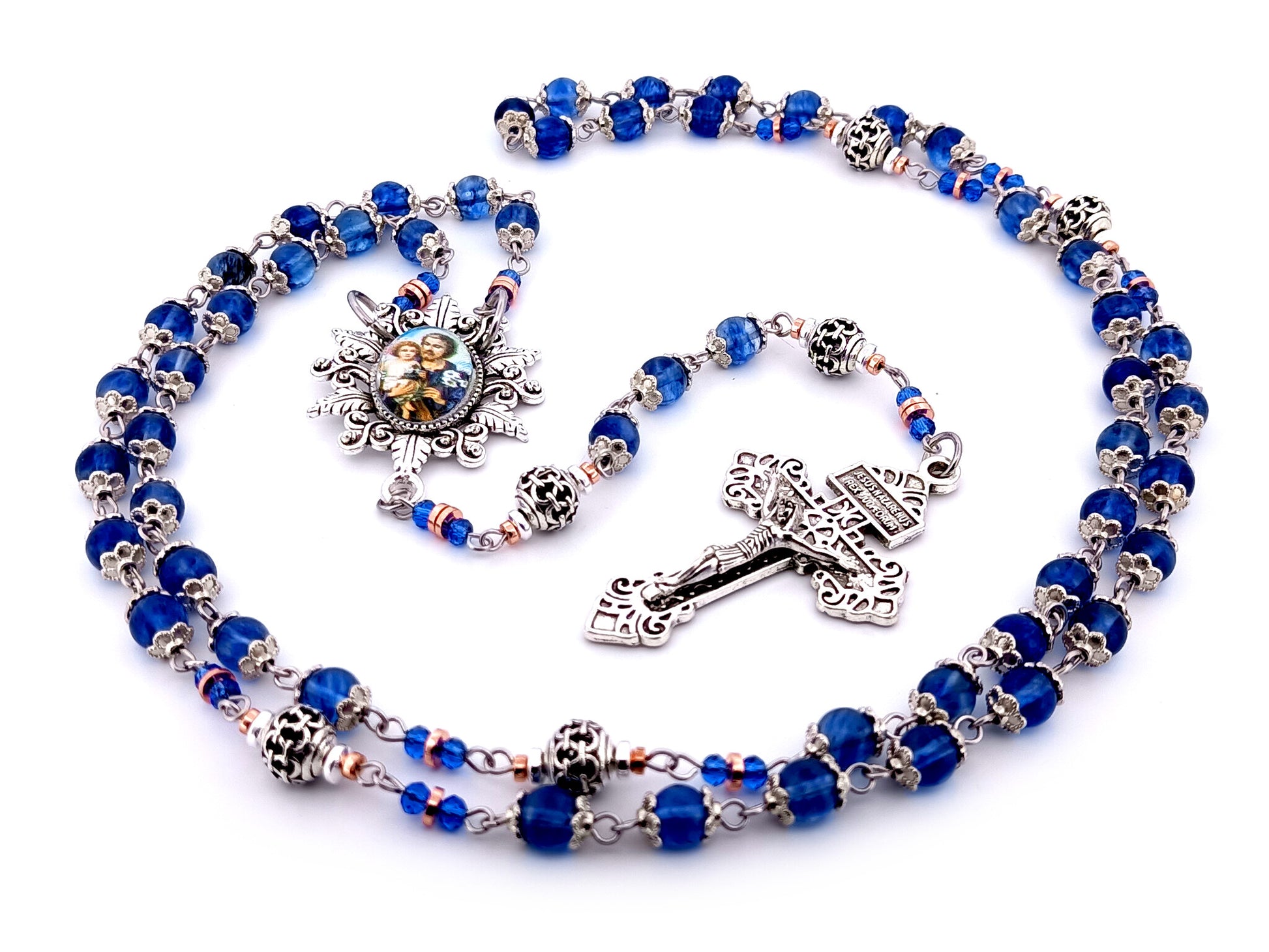 Saint Joseph unique rosary beads blue glass and silver lattice rosary with Pardon crucifix.